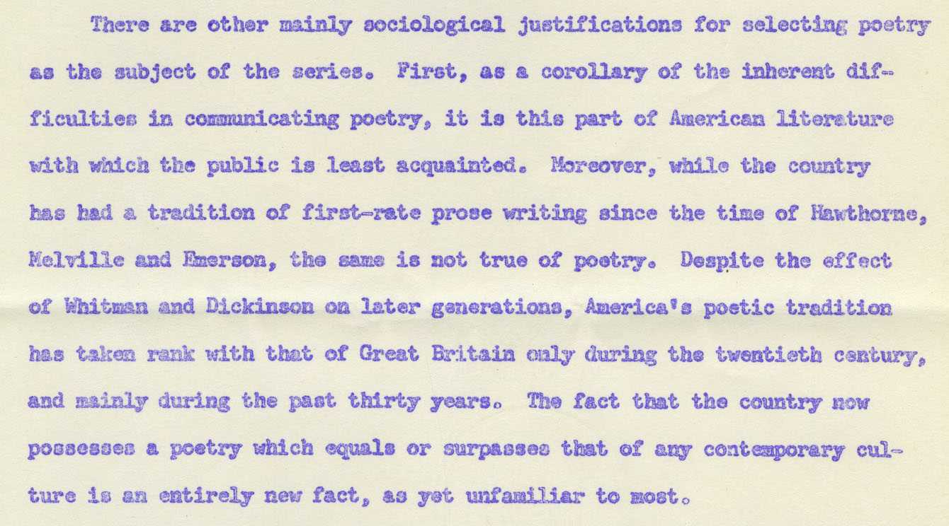 Excerpt from a Rockefeller Foundation proposal for a six-month experiment in broadcasting poetry. Available at [Unlocking the Airwaves](/document/naeb-b057-f09/#42).