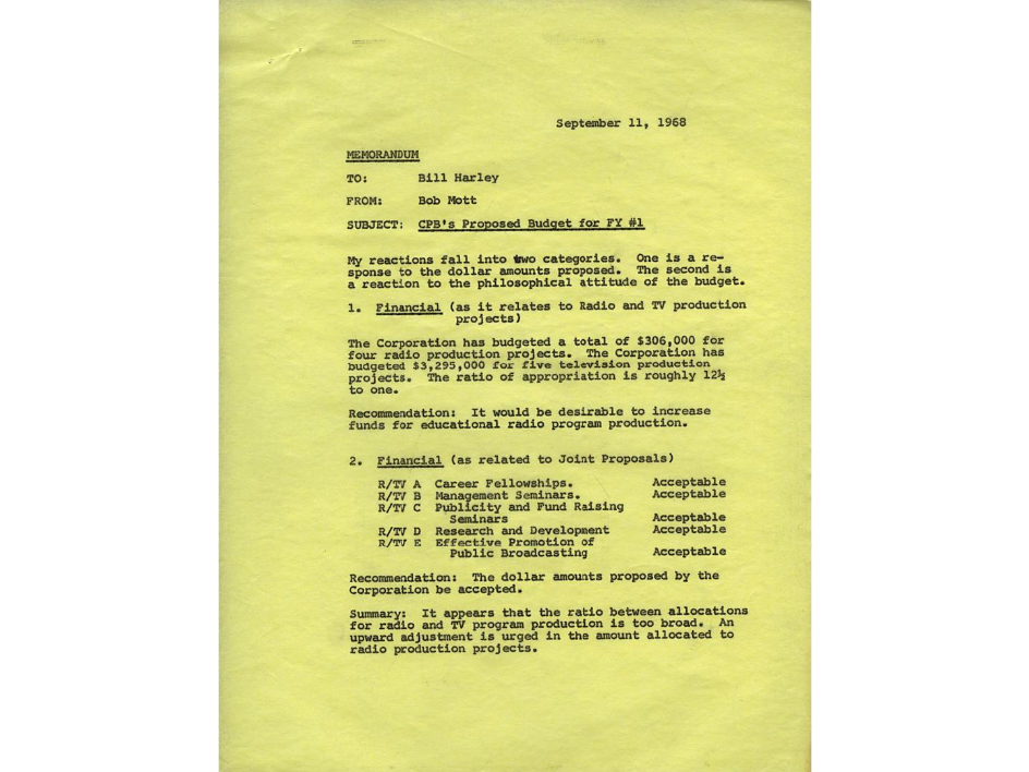 A scan of a memorandum on yellowing paper. It is dated September 11, 1968 and sent from Bob Mott to Bill Harley with the subject line "CPB's Proposed Budget for FY #1"