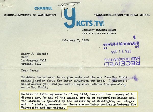 Letter to Harry J. Skornia from Loren B. Stone, manager of Seattle station KCTS.