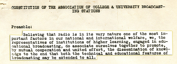 An excerpt of the constitution of the NAEB, then called the Association of College and University Broadcasting Stations.