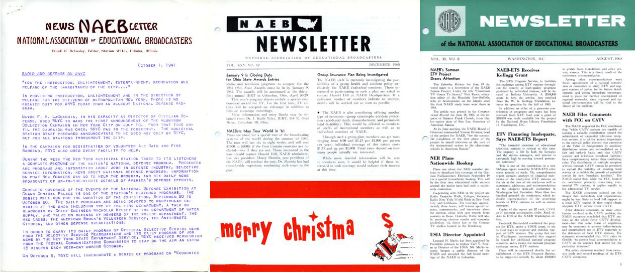 Cover pages of NAEB newsletters dated from October 1, 1941, December 1960, and August 1965.
