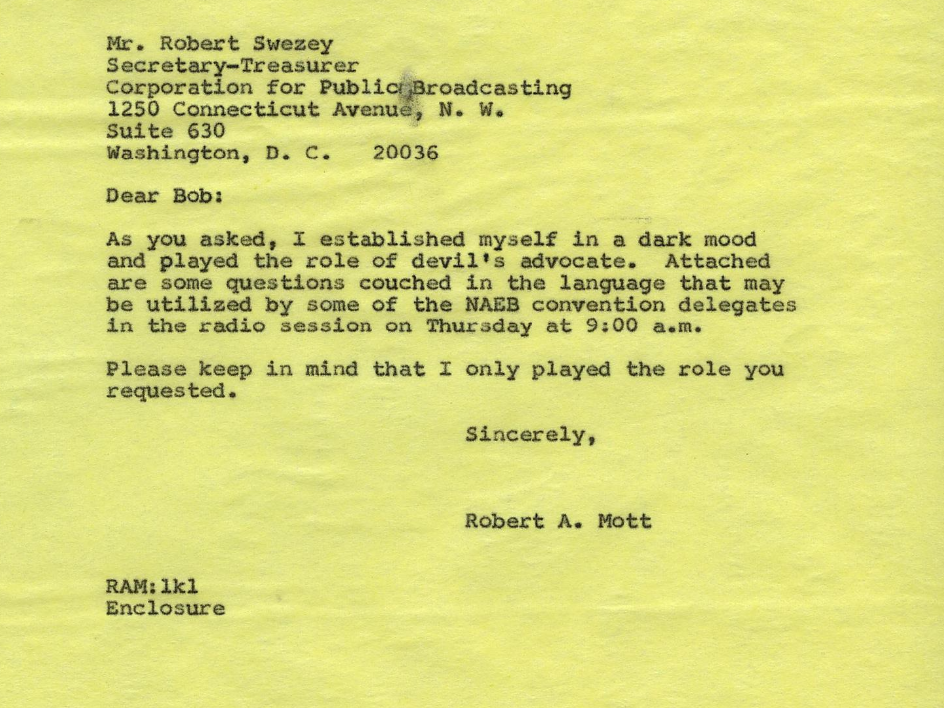 Scan of a typed letter on yellowing paper. “As you asked, I established myself in a dark mood and played the role of devil’s advocate…Please keep in mind that I only played the role you requested”