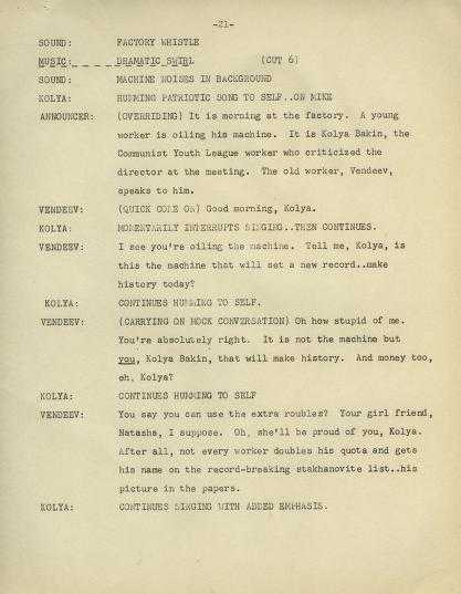 [A page of a script for the *People Under Communism* episode "The Men Who Make the Migs."](/document/naeb-b073-f05/#132) Note the heavy use of music and sound effects ushered to add dramatic weight to the educational program.