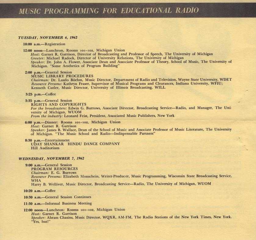 Schedule for a 1962 conference (sponsored by station WUOM) on music programming in educational radio.