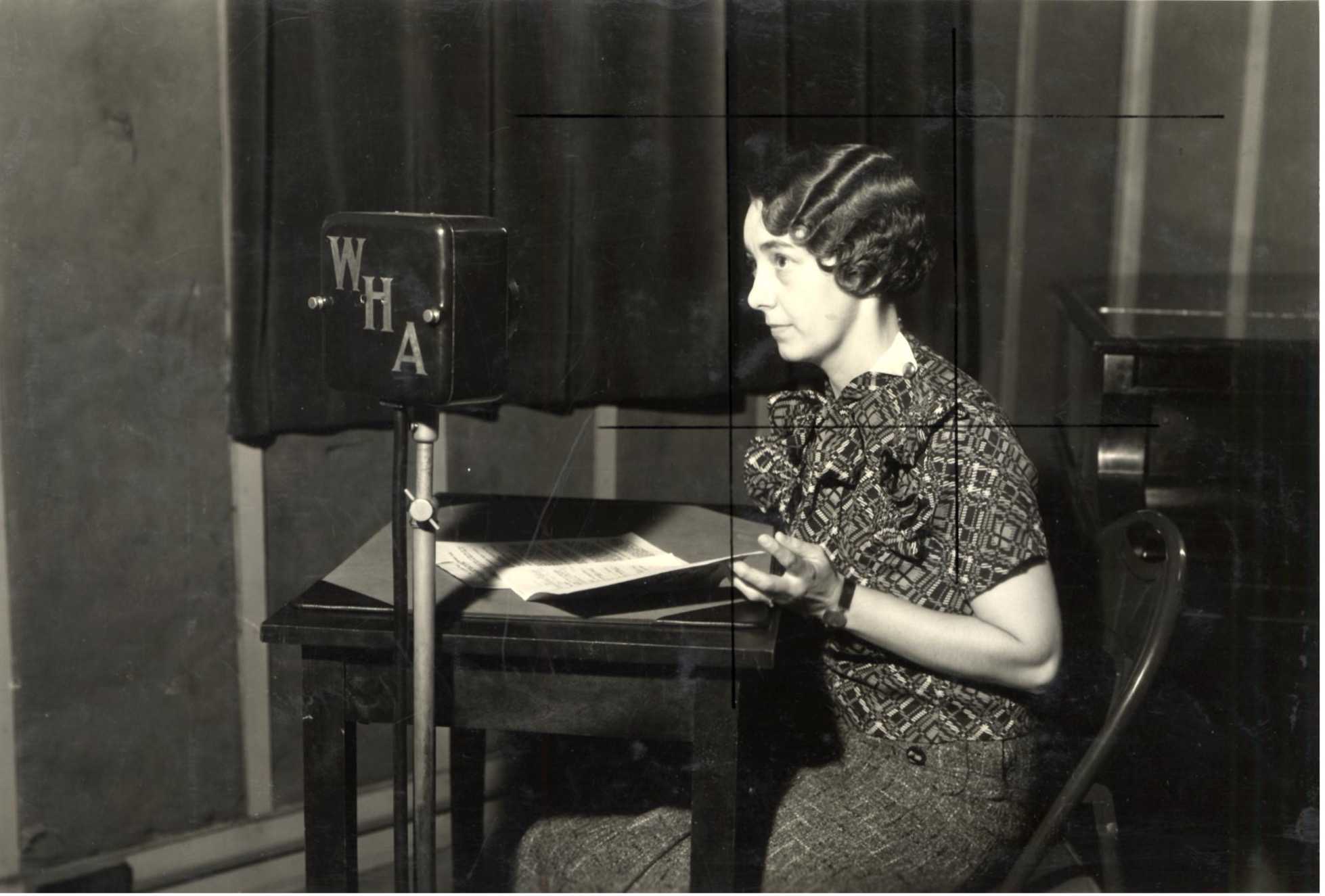 Early picture of Aline Hazard in the WHA Studios <https://search.library.wisc.edu/digital/AXAD4XYZ4YQ2CD8K>