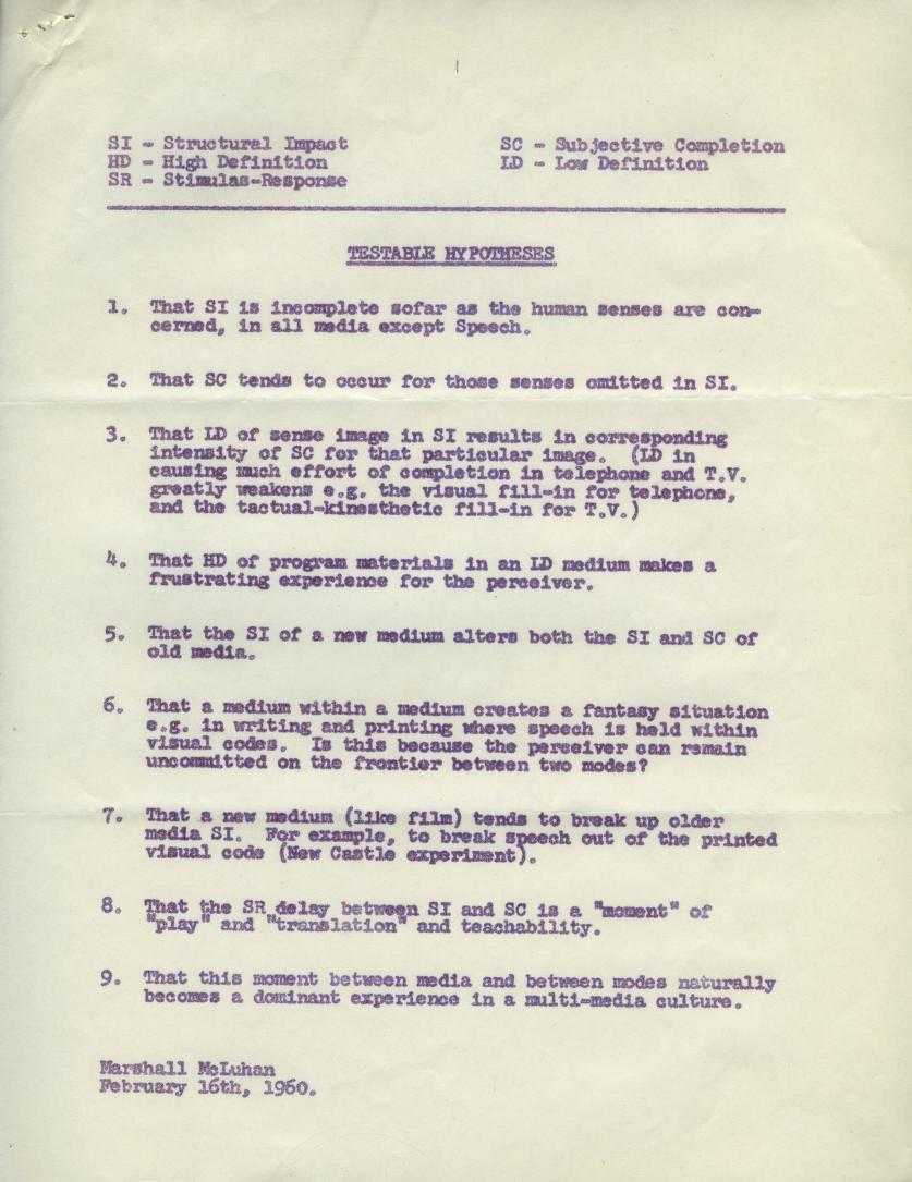 A 1960 list of testable hypotheses for the project by Marshall McLuhan.