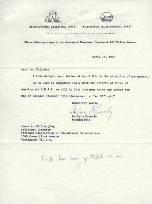 L﻿etter to James A. Fellows regarding the use of Wallace Stevens' poetry in the Voice of America Poetry Project. April 28, 1964. <https://www.unlockingtheairwaves.org/document/naeb-b100-f04/#42>