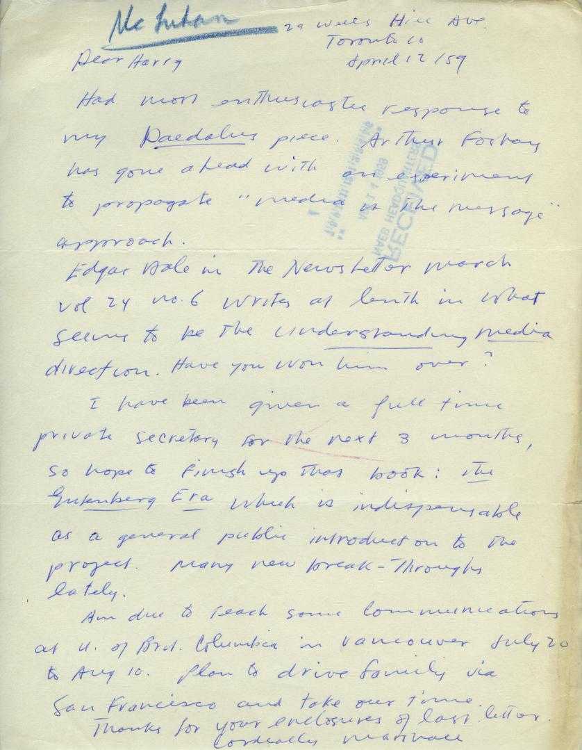 A 1959 letter from Marshall McLuhan to NAEB Executive Director Harry Skornia.