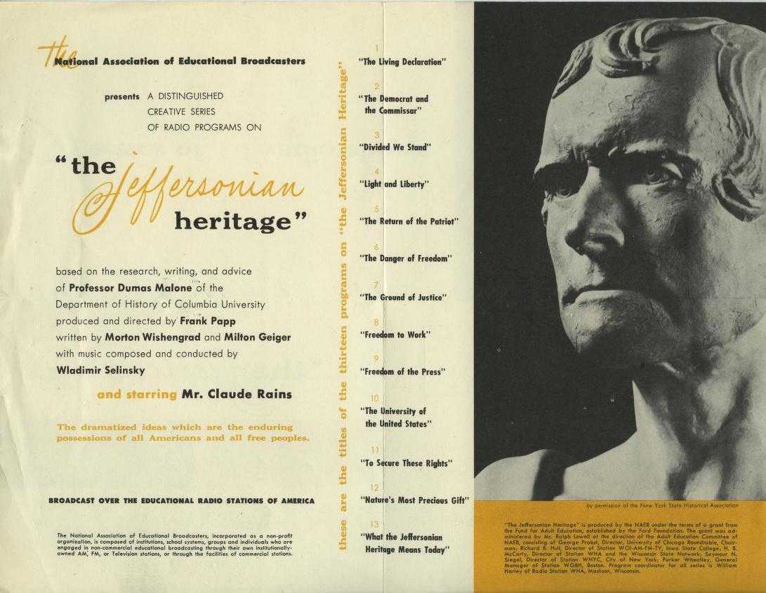 Promotional brochure for "The Jeffersonian Heritage" showing all 13 episodes. [Click here](/document/naeb-b072-f03/#5) to see the full brochure at *Unlocking the Airwaves*.